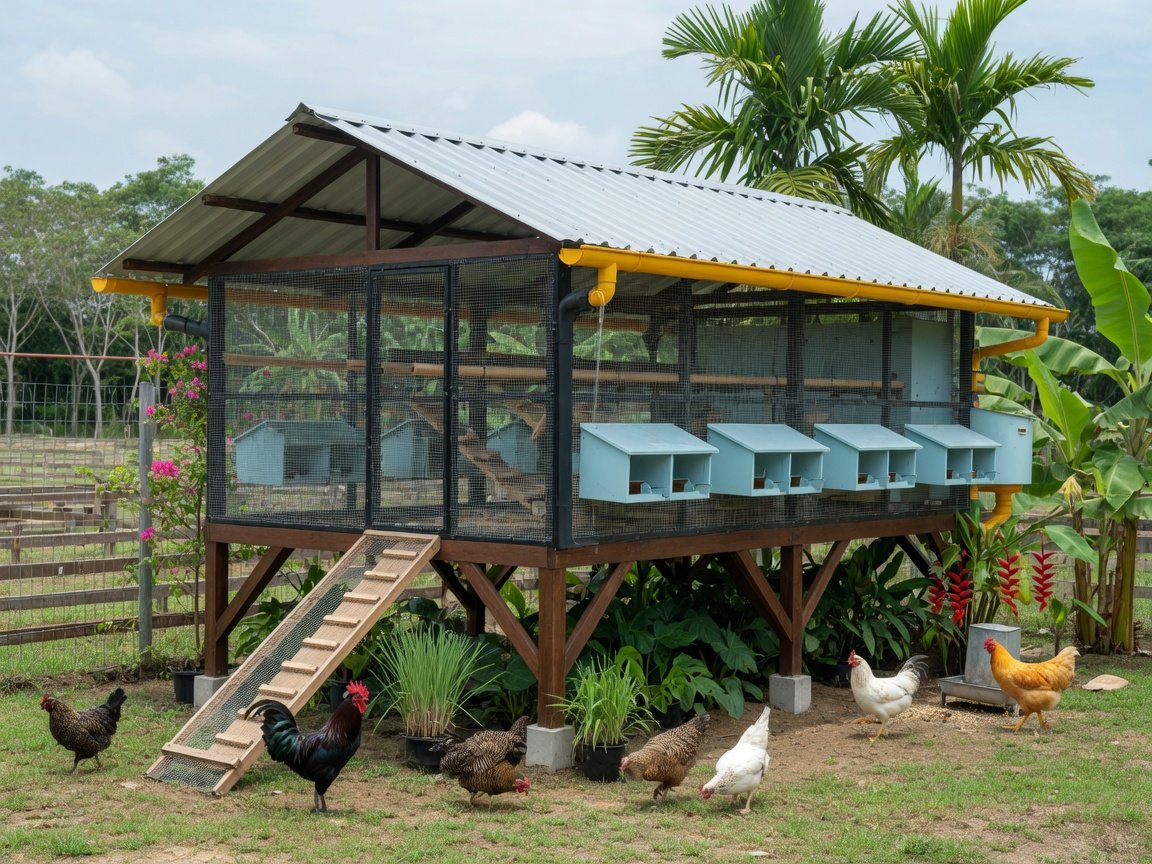 Pakej reban ayam inovasi berlantai dengan kotak sarang dan tangga